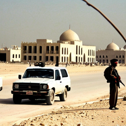 Home 23 **
A panoramic view of Doha during the Gulf War era. In the foreground, Qatari civilians are watching news reports on television about the crisis, with concerned expressions. Military vehicles are subtly present in the background, reflecting the state of alert. Incorporate traditional Qatari architecture with a muted color palette to convey a sense of anxiety and uncertainty. A subtle dust effect can hint at the regional tensions.
**