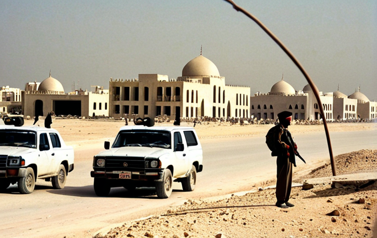 **

A panoramic view of Doha during the Gulf War era. In the foreground, Qatari civilians are watching news reports on television about the crisis, with concerned expressions. Military vehicles are subtly present in the background, reflecting the state of alert. Incorporate traditional Qatari architecture with a muted color palette to convey a sense of anxiety and uncertainty. A subtle dust effect can hint at the regional tensions.

**