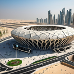 **Image Prompt:** A futuristic, eco-friendly stadium in Qatar during the 2022 World Cup, showcasing modern architecture with sustainable materials, surrounded by a vibrant cityscape and the Doha Metro system, emphasizing a blend of sports, innovation, and environmental consciousness.