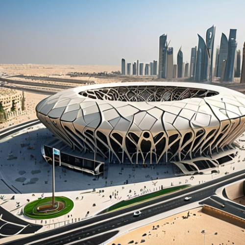Home 21 **Image Prompt:** A futuristic, eco-friendly stadium in Qatar during the 2022 World Cup, showcasing modern architecture with sustainable materials, surrounded by a vibrant cityscape and the Doha Metro system, emphasizing a blend of sports, innovation, and environmental consciousness.