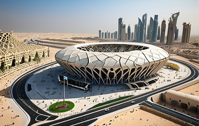 **Image Prompt:** A futuristic, eco-friendly stadium in Qatar during the 2022 World Cup, showcasing modern architecture with sustainable materials, surrounded by a vibrant cityscape and the Doha Metro system, emphasizing a blend of sports, innovation, and environmental consciousness.