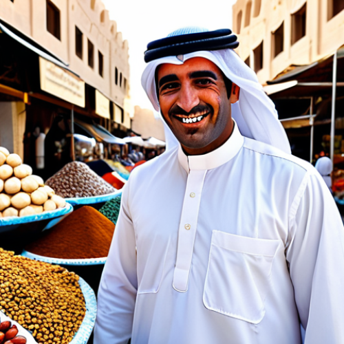 Home 20 A welcoming Qatari man, mid-30s, dressed in a traditional pristine white thobe and ghutra, with a warm, gentle smile, offering a small plate of dates and a cup of Arabic coffee. He is positioned in a meticulously detailed traditional Souq Waqif setting, surrounded by authentic market stalls, textiles, and spices. In the background, the modern Doha skyline rises majestically, showcasing the seamless blend of tradition and modernity. The scene is bathed in soft, golden hour lighting. Fully clothed, appropriate attire, professional dress, safe for work, perfect anatomy, correct proportions, natural pose, well-formed hands, proper finger count, natural body proportions, appropriate content, family-friendly, high-quality, professional photography.
