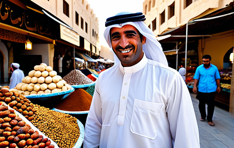A welcoming Qatari man, mid-30s, dressed in a traditional pristine white thobe and ghutra, with a warm, gentle smile, offering a small plate of dates and a cup of Arabic coffee. He is positioned in a meticulously detailed traditional Souq Waqif setting, surrounded by authentic market stalls, textiles, and spices. In the background, the modern Doha skyline rises majestically, showcasing the seamless blend of tradition and modernity. The scene is bathed in soft, golden hour lighting. Fully clothed, appropriate attire, professional dress, safe for work, perfect anatomy, correct proportions, natural pose, well-formed hands, proper finger count, natural body proportions, appropriate content, family-friendly, high-quality, professional photography.