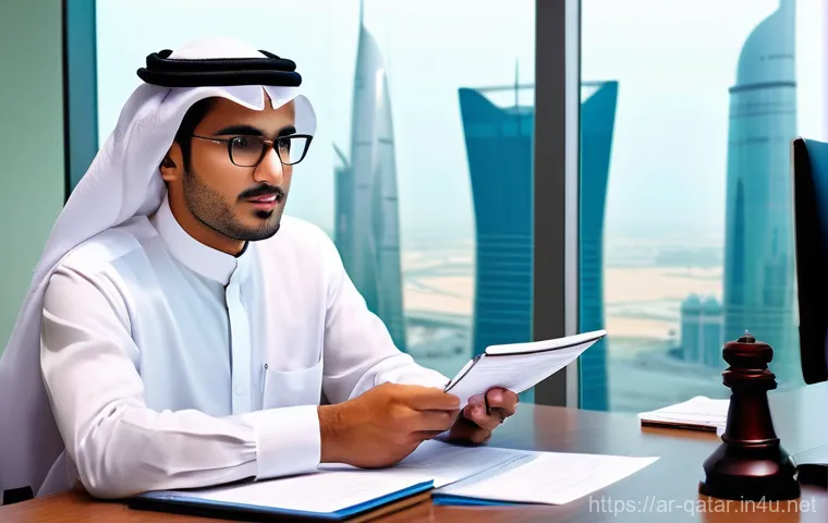 카타르의 노동자 권리 - **Prompt: Empowered Worker Reviewing Contract with Advisor**
    "A confident male migrant worker, a...