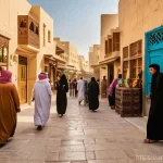 카타르와 외국 노동자 비율 - **A Vibrant Cultural Mosaic in Souq Waqif, Doha:**
    An atmospheric, wide-angle shot capturing the...