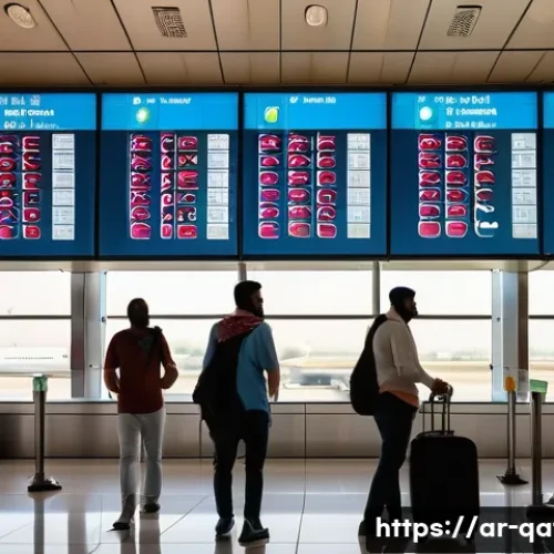 카타르 직항 항공권 가격 - A vibrant airport scene in Doha, Qatar during the national holiday with Arabic signage and decoratio...