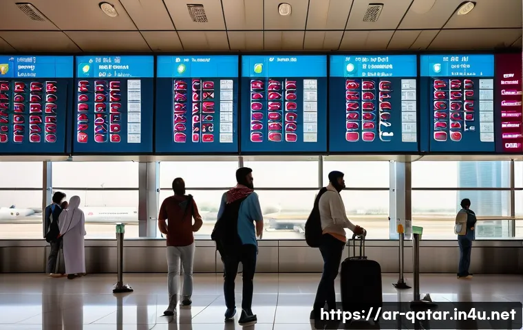 카타르 직항 항공권 가격 - A vibrant airport scene in Doha, Qatar during the national holiday with Arabic signage and decoratio...