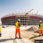 Home 23 카타르 월드컵 논란 - A bustling Qatar World Cup construction site featuring diverse workers wearing protective gear and m...