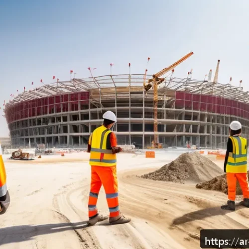 Home 17 카타르 월드컵 논란 - A bustling Qatar World Cup construction site featuring diverse workers wearing protective gear and m...