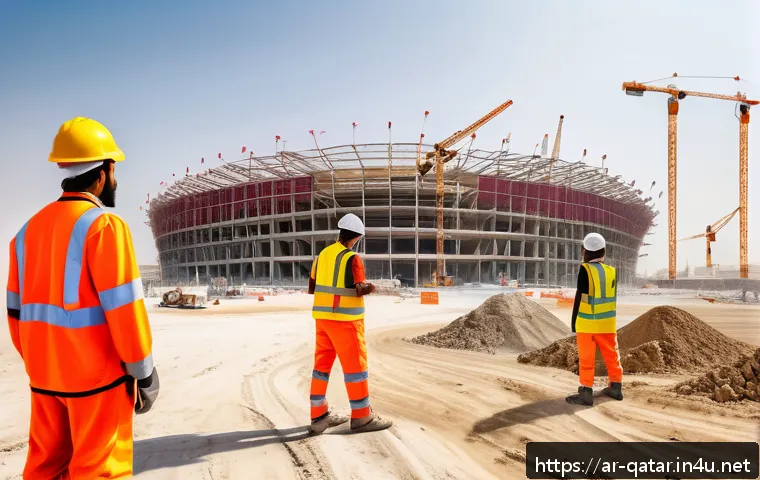 카타르 월드컵 논란 - A bustling Qatar World Cup construction site featuring diverse workers wearing protective gear and m...